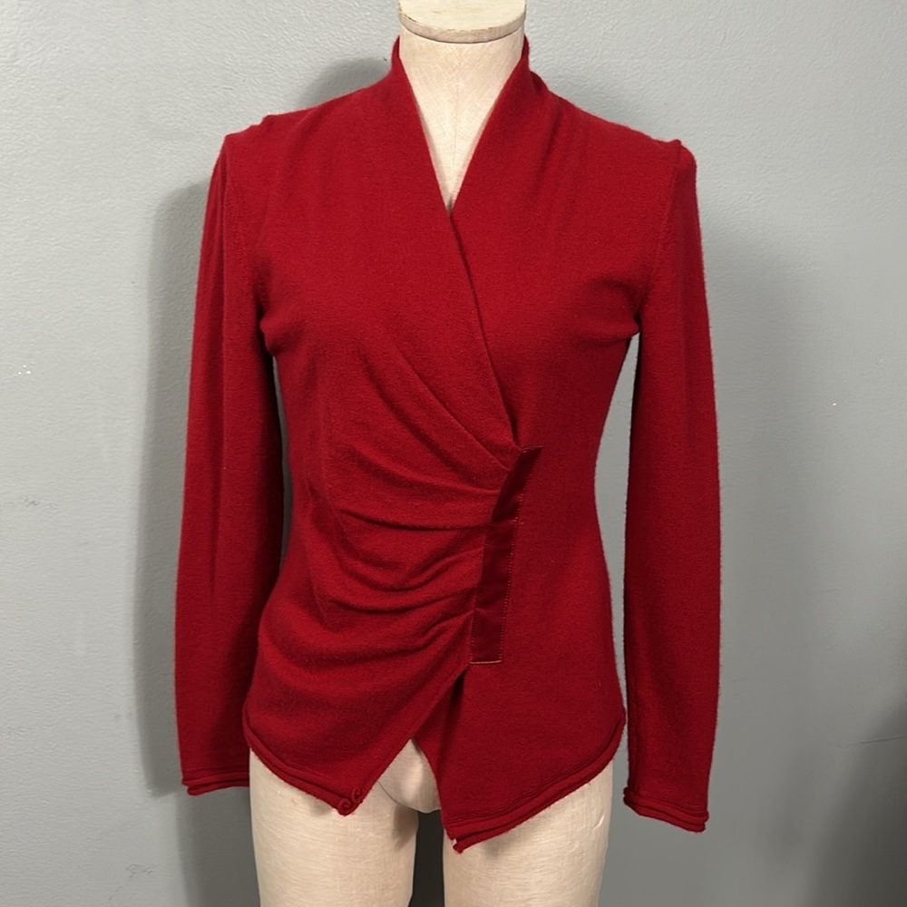 LAFAYETTE 148 ruched vneck cashmere knit Red Draped sweater size Petite
